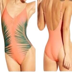 XHILARATION Peach Green Tropical Palm Tree Print One Piece Swimsuit Women's Sz M